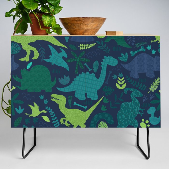 Dino Silhouette Doodle Pattern Green Credenza