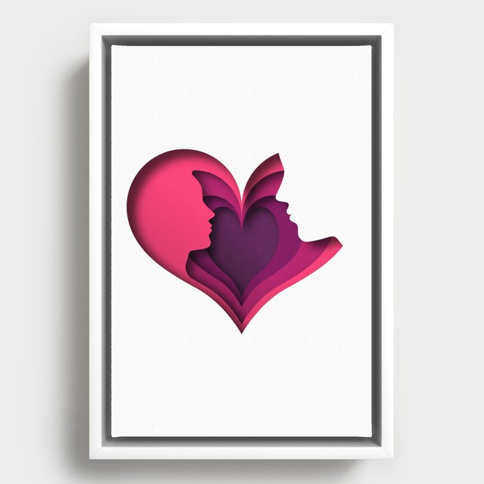 Paper cut couple in love illustration with pink heart shape Framed Canvas