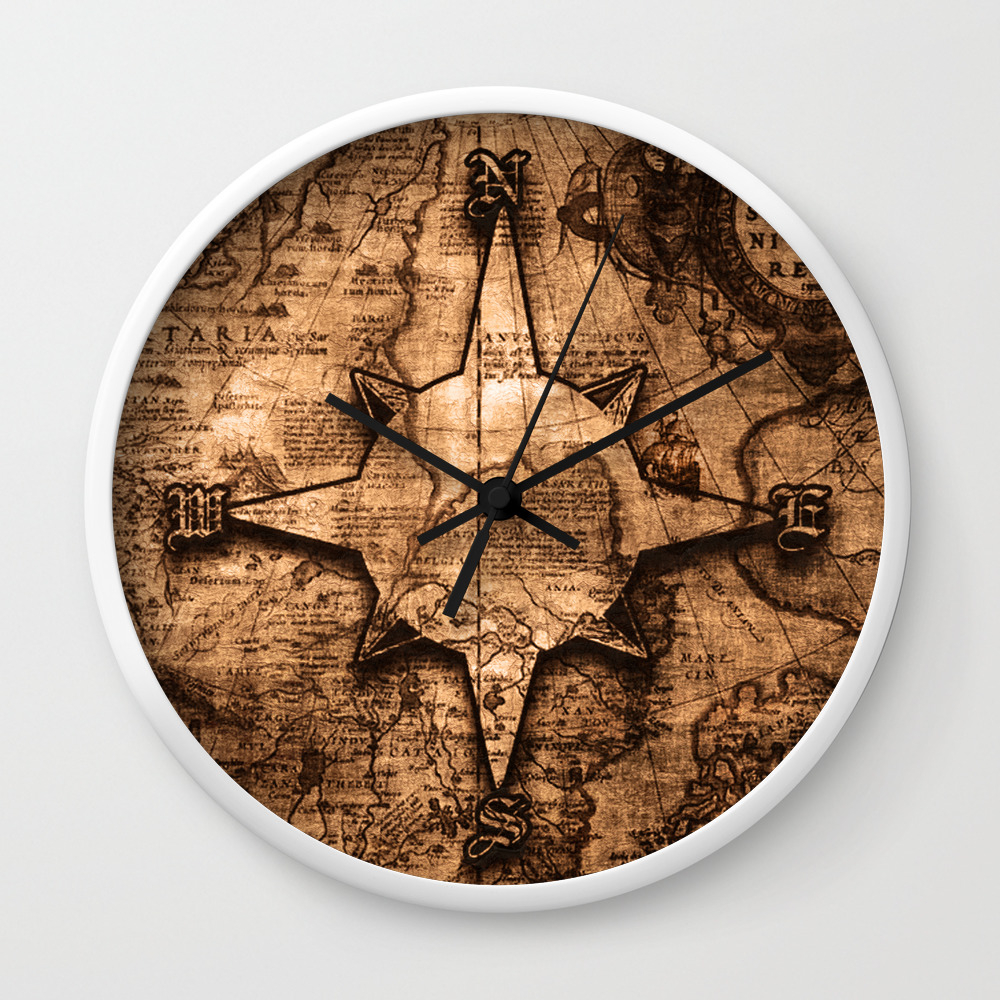 Antique World Map Compass Rose Wall Clock By Onlinegifts Society6