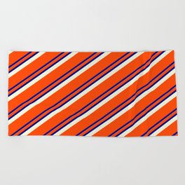 [ Thumbnail: Red, Blue, and Beige Colored Striped Pattern Beach Towel ]