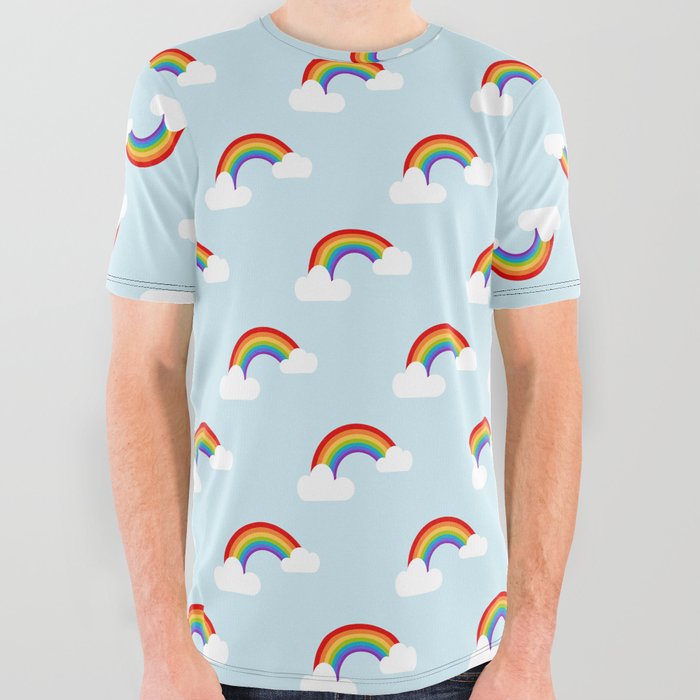 Rainbows and Clouds on Sky Blue Pattern All Over Graphic Tee