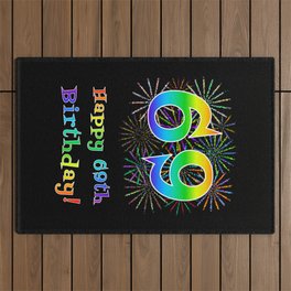 [ Thumbnail: 69th Birthday - Fun Rainbow Spectrum Gradient Pattern Text, Bursting Fireworks Inspired Background Outdoor Rug ]