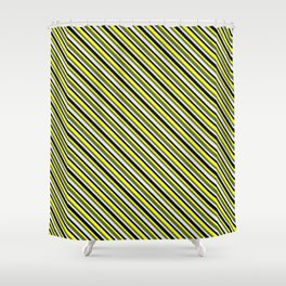 [ Thumbnail: Yellow, Dark Olive Green, Lavender & Black Colored Striped/Lined Pattern Shower Curtain ]
