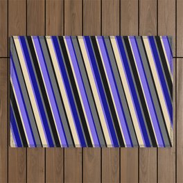 [ Thumbnail: Vibrant Dim Grey, Dark Blue, Medium Slate Blue, Tan & Black Colored Striped Pattern Outdoor Rug ]