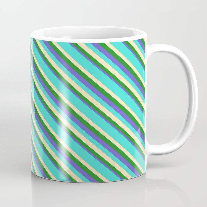 Turquoise, Beige, Forest Green, and Slate Blue Colored Lines/Stripes Pattern Coffee Mug
