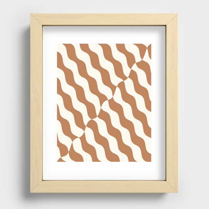 Retro Wavy Abstract Swirl Lines in Brown & White Recessed Framed Print
