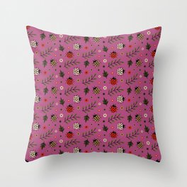 Ladybug and Floral Seamless Pattern on Magenta Background Throw Pillow