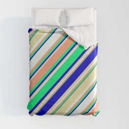 [ Thumbnail: Eyecatching Light Salmon, Green, Blue, Pale Goldenrod, and Mint Cream Colored Lines Pattern Duvet Cover ]