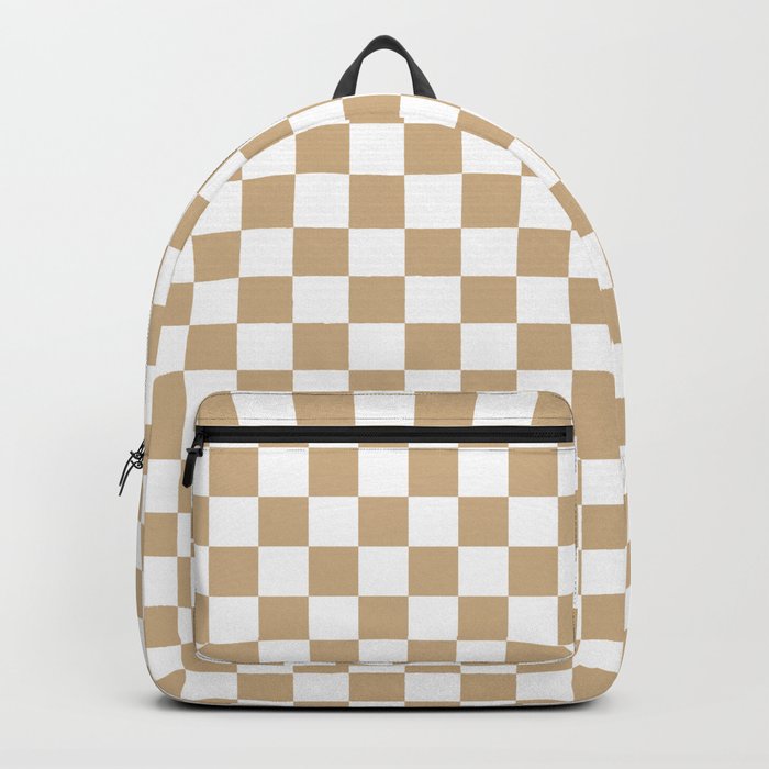 White and Tan Brown Checkerboard Backpack by ColorfulPatterns