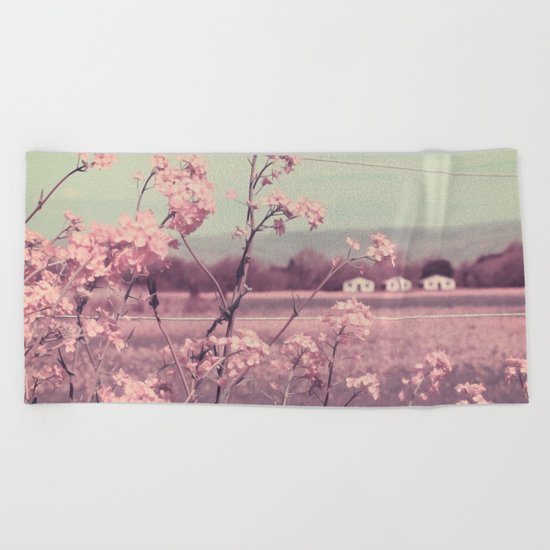 Sweet Spring (Teal Sky, Soft Pink Wildflowers, Rural Cottage) Beach Towel