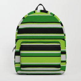 [ Thumbnail: Green, Light Gray, Forest Green, and Black Colored Stripes Pattern Backpack ]
