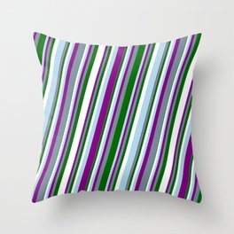 [ Thumbnail: Light Blue, Purple, Light Slate Gray, Dark Green & White Colored Striped Pattern Throw Pillow ]