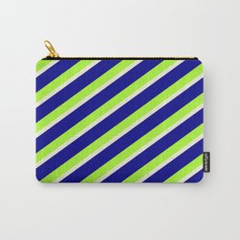 [ Thumbnail: Dark Blue, Light Green, and Beige Colored Striped Pattern Carry-All Pouch ]