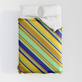 [ Thumbnail: Yellow, Dark Goldenrod, Green & Dark Blue Colored Lined/Striped Pattern Comforter ]