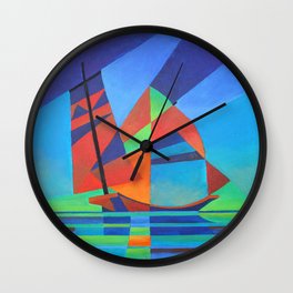 Cubist Abstract Junk Boat Against Deep Blue Sky Wall Clock