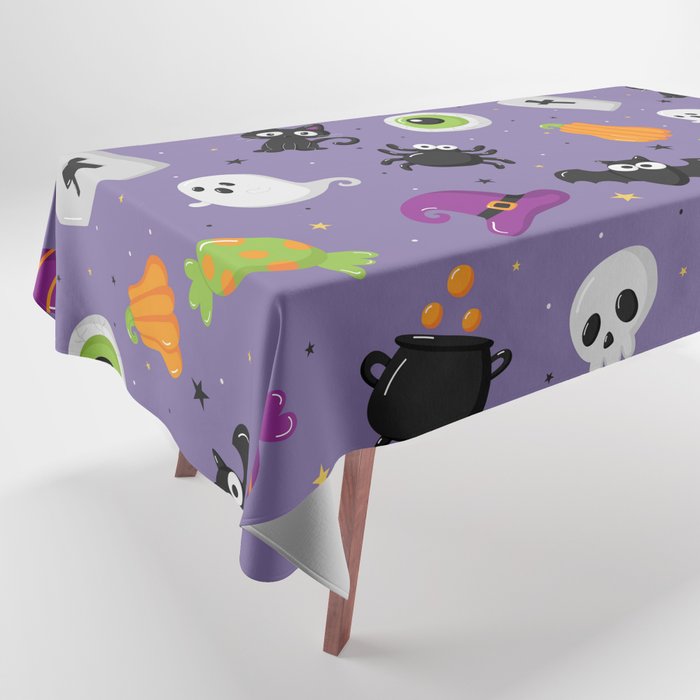 Halloween Seamless Pattern with Funny Spooky on Purple Background Tablecloth