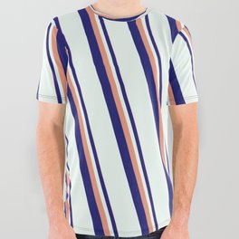 [ Thumbnail: Dark Salmon, Midnight Blue & Mint Cream Colored Stripes Pattern All Over Graphic Tee ]
