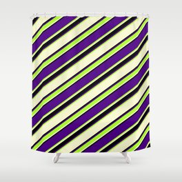 [ Thumbnail: Indigo, Light Green, Light Yellow, and Black Colored Stripes Pattern Shower Curtain ]
