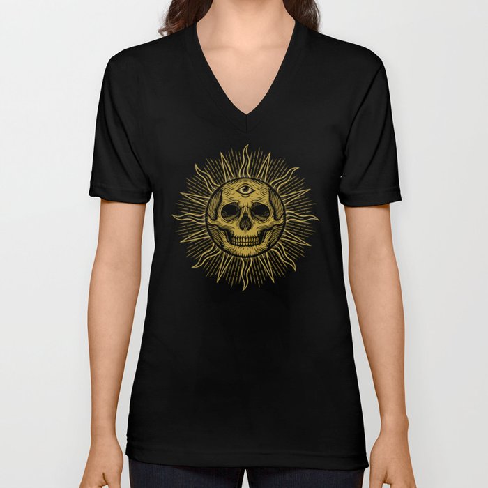 Skull Sun V Neck T Shirt