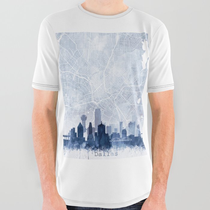 Dallas Skyline & Map Watercolor Navy Blue, Print by Zouzounio Art All Over Graphic Tee