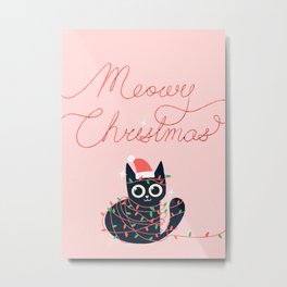 Meowy Christmas Cat - Pink Metal Print | Digital, String Lights, Typography, Calligraphy, Abstract, Cute, Wrapped, Christmas, Simple, Playful 