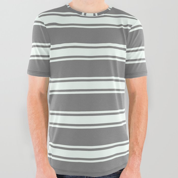 Gray & Mint Cream Colored Stripes Pattern All Over Graphic Tee