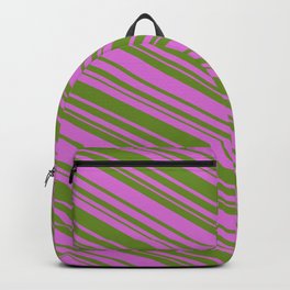 [ Thumbnail: Orchid & Green Colored Stripes/Lines Pattern Backpack ]