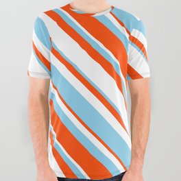[ Thumbnail: Sky Blue, Red & White Colored Stripes/Lines Pattern All Over Graphic Tee ]