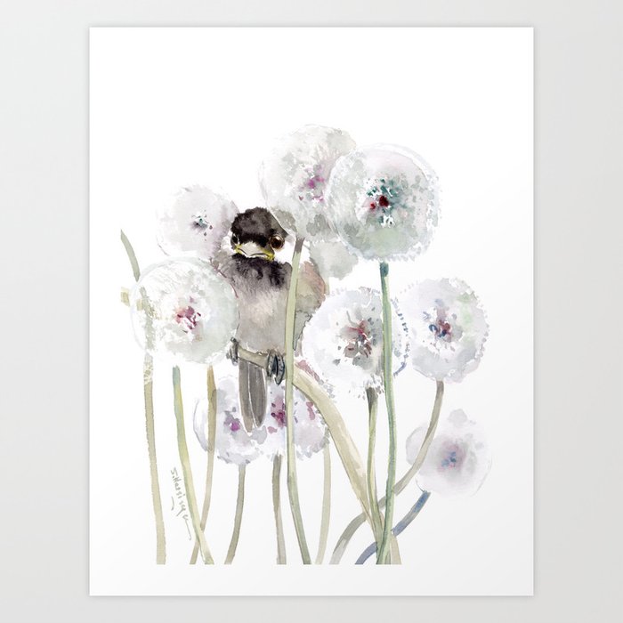 Little Chickadee and Dandelions Art Print