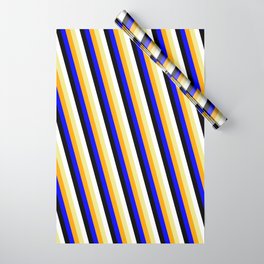 [ Thumbnail: Eyecatching Tan, Orange, Blue, Black & White Colored Lined/Striped Pattern Wrapping Paper ]