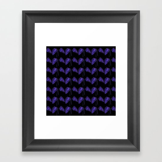 Indigo Monstera Leaf Watercolor on Black Framed Art Print