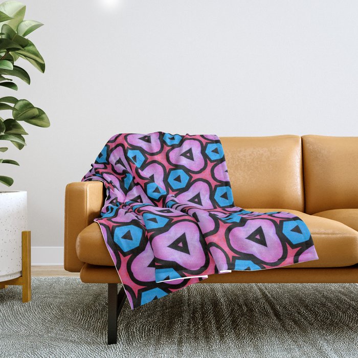 Modern abstract geometric pattern in  bright pink, orchid, black, hibiscus red, eastern blue Throw Blanket