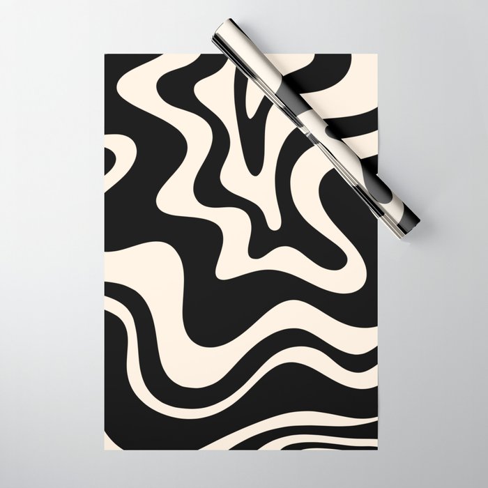 Retro Liquid Swirl Abstract Pattern 3 in Black and Almond Cream Wrapping Paper