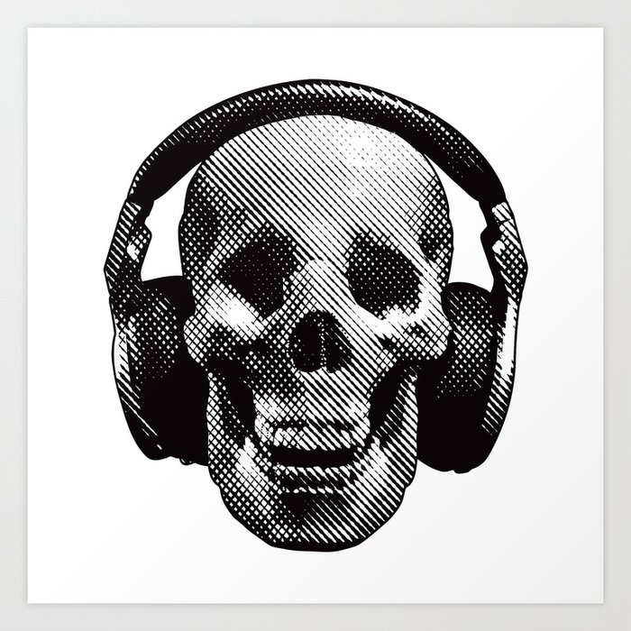 Hipster Skull Listening To Music On Headphones Art Print By Georgepeters