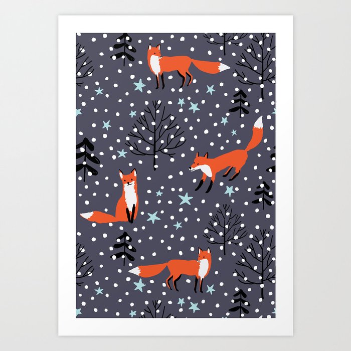 Red foxes in the nignt winter forest Art Print