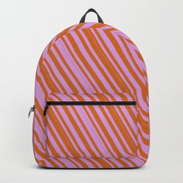 [ Thumbnail: Chocolate and Plum Colored Lined/Striped Pattern Backpack ]