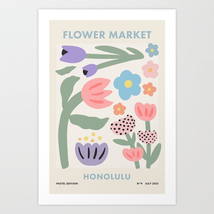 Flower Market Honolulu, Playful Retro Botanical Pastel Print Art Print