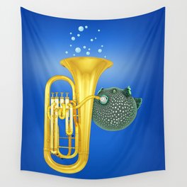 Puffer Fish Playing Tuba Wall Tapestry