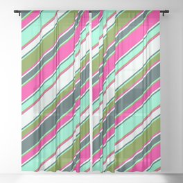 [ Thumbnail: Vibrant Deep Pink, Mint Cream, Dark Slate Gray, Aquamarine, and Green Colored Lines/Stripes Pattern Sheer Curtain ]