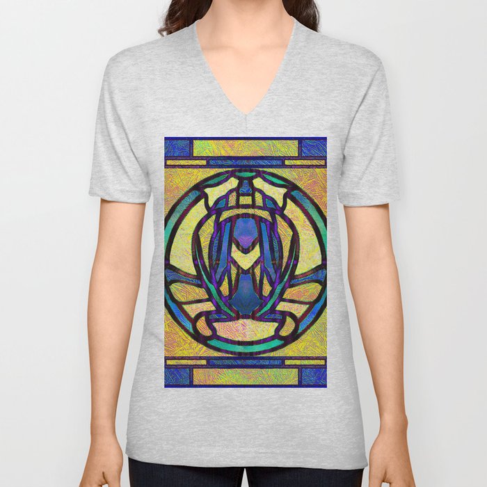 Stained Glass Framed Circle in Gold and Blue V Neck T Shirt