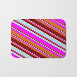 [ Thumbnail: Maroon, Powder Blue, Fuchsia, and Chocolate Colored Pattern of Stripes Bath Mat ]