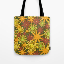 flower power // 70s inspired print // in olive, yellow, lime, tangerine, and maroon // by Ali Harris Tote Bag