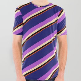[ Thumbnail: Vibrant Midnight Blue, Orchid, Beige, Black, and Red Colored Striped/Lined Pattern All Over Graphic Tee ]