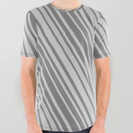 [ Thumbnail: Grey & Light Gray Colored Stripes/Lines Pattern All Over Graphic Tee ]