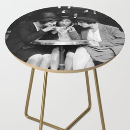 Three girl friends sharing and sipping an aperitif at Paris Cafe portrait black and white photograph - photography - photographs Side Table