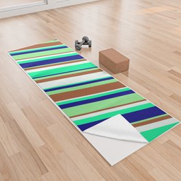 [ Thumbnail: Eye-catching Light Green, Sienna, Mint Cream, Green, and Blue Colored Stripes/Lines Pattern Yoga Towel ]