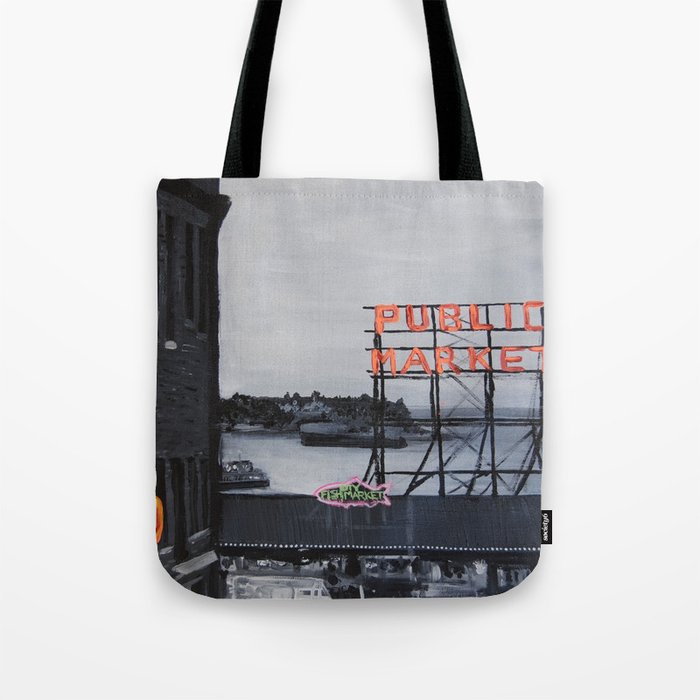 Pike Place Market - Black & White & Neon -Seattle Washginton Tote Bag