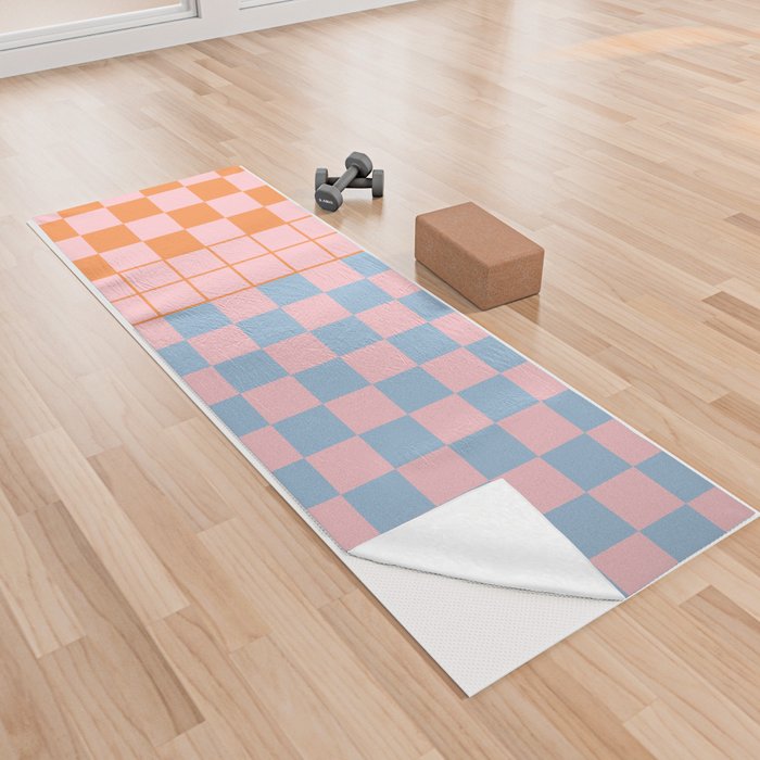 Checkered Triplet Mixed Check Pattern in Pastel Pink and Light Orange Yoga Towel