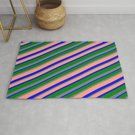 [ Thumbnail: Slate Gray, Light Salmon, Blue & Green Colored Lines/Stripes Pattern Rug ]