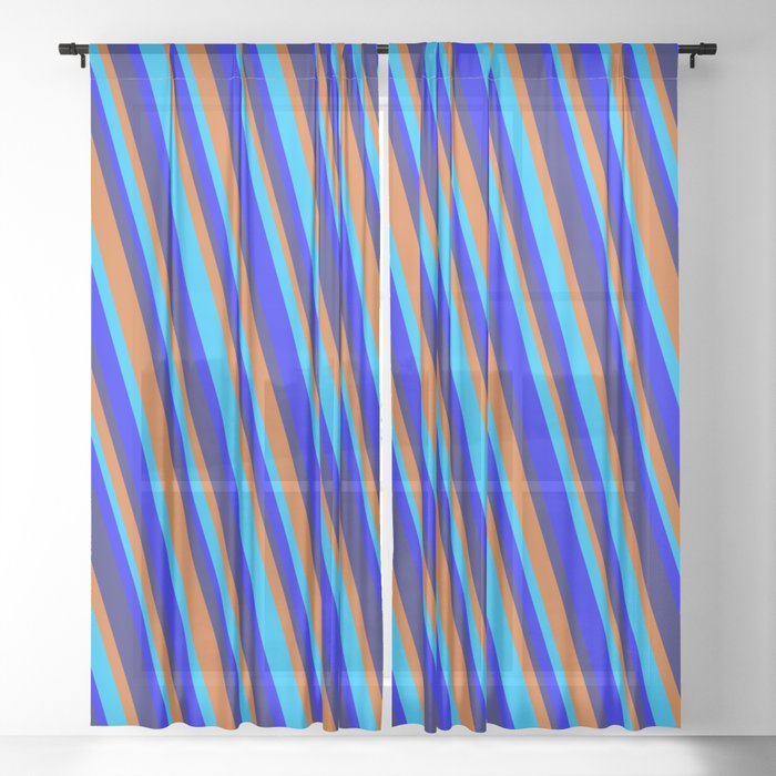 Midnight Blue, Chocolate, Deep Sky Blue & Blue Colored Striped/Lined Pattern Sheer Curtain